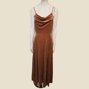 Copper Brown Velvet Velour Cowl Neck Maxi Dress Autumnal Earthtone Grunge Glam